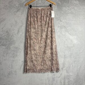 Wild Skye Womens Leopard Print Lace Trim Midi Skirt Brown Tan Size Large NEW